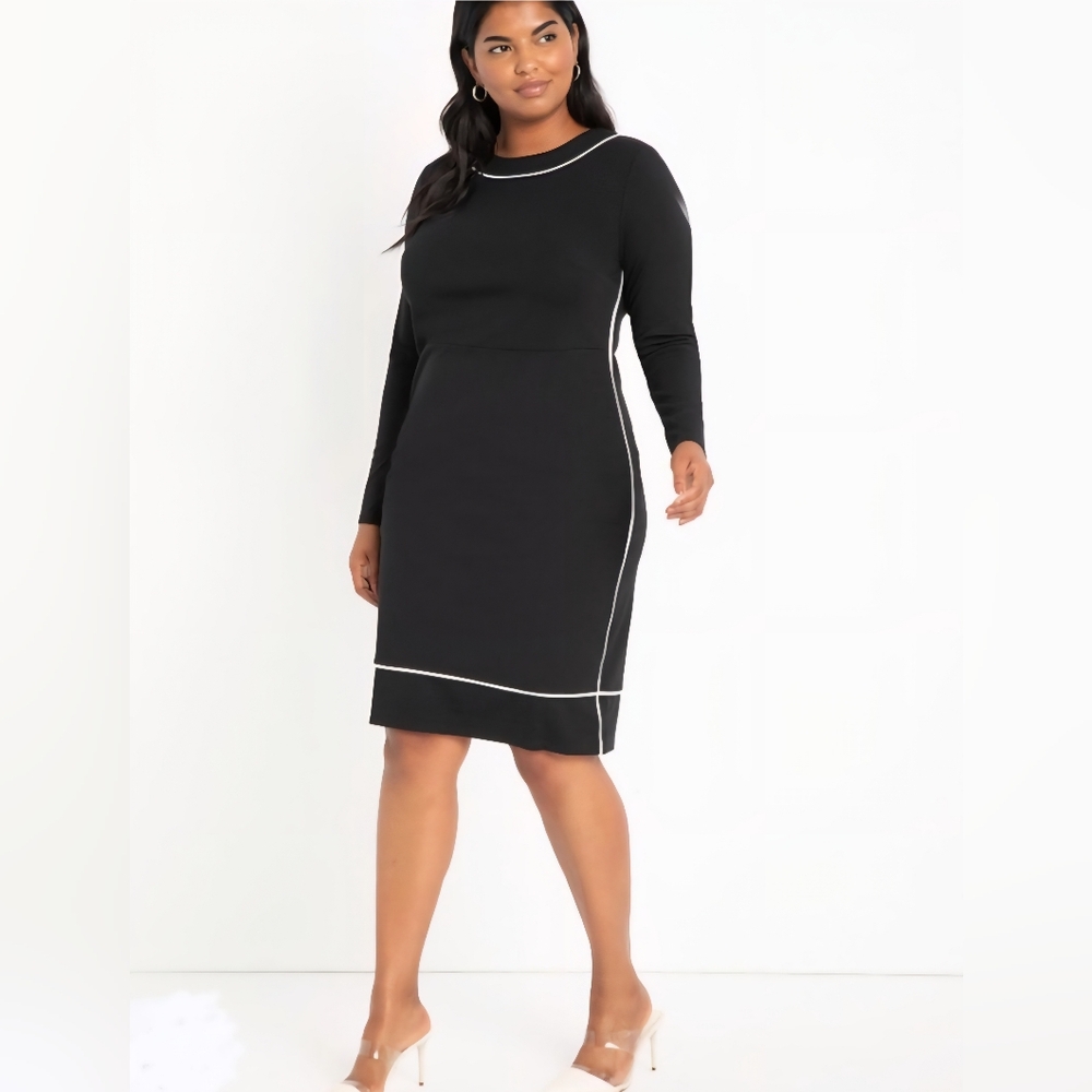Eloquii Piped Ponte Knit Long Sleeves Midi Dress Size 28 Black with White Piping